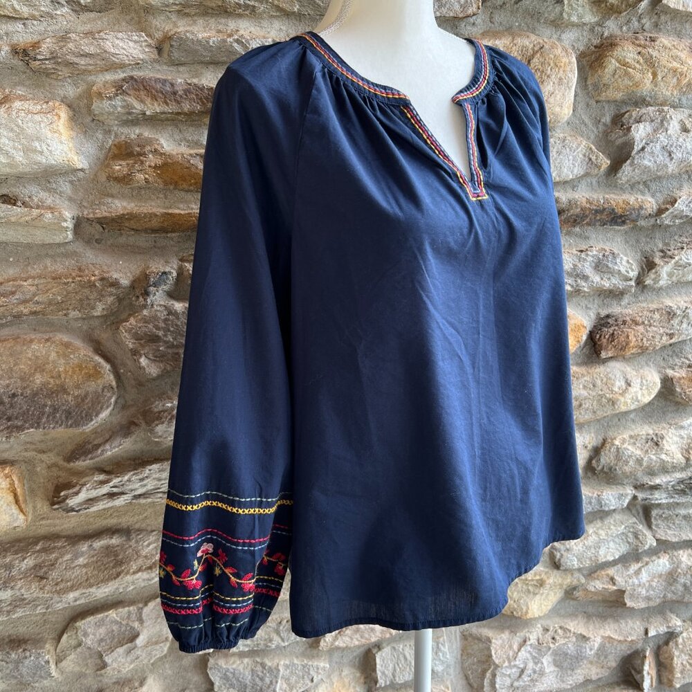 NAUTICA JEANS CO. Embroidered, Navy Blue, Peasant Top, Blouse Sz Small, S NWT